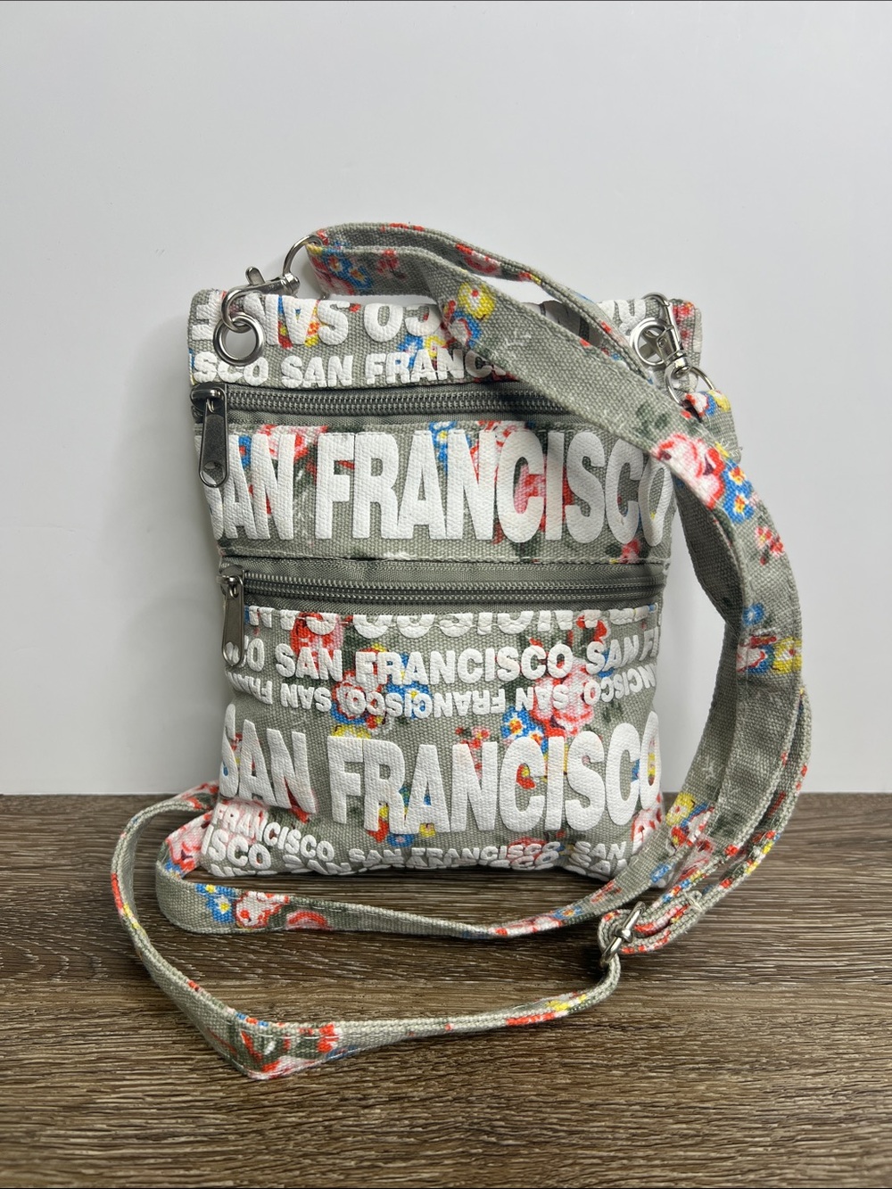 San Francisco Print Canvas Crossbody Bag Floral | Adjustable Strap